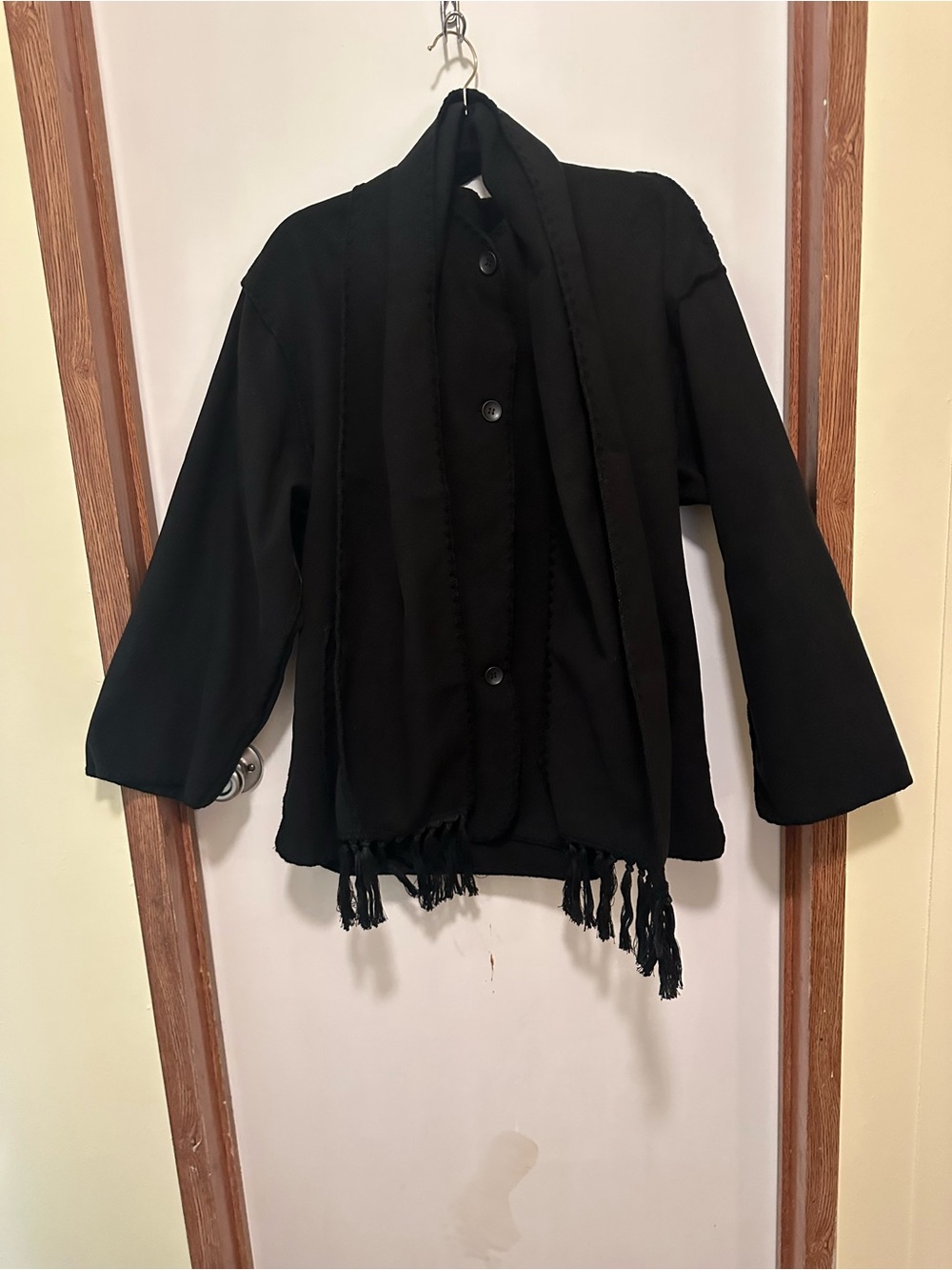 Black Women's Button-Front Coat with Fringe Scarf